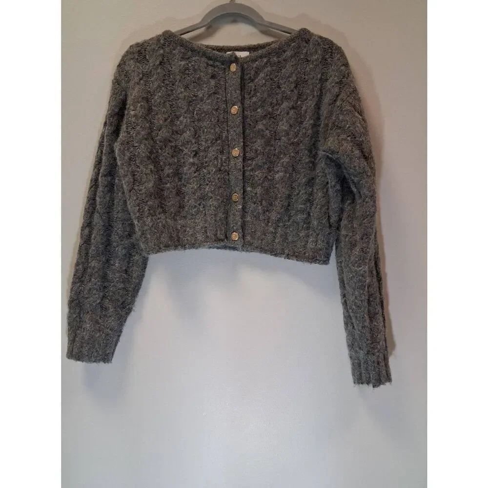 Cult gaia womens small boxy sweater alpaca wool gray cable cropped soft